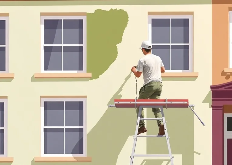 Peintre sur échafaudage traitant la façade d'une maison