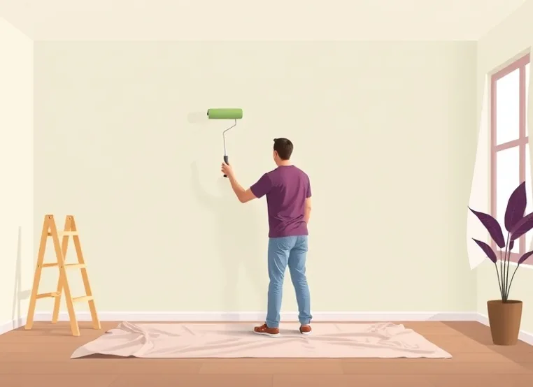 Peintre appliquant la peinture au rouleau sur un mur de salon